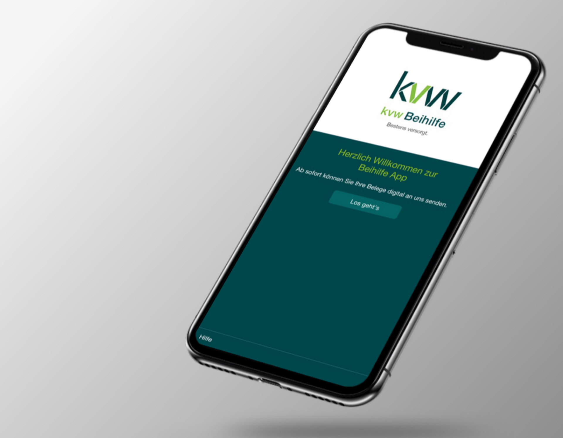 Smartphone-Display mit Startbildschirm der kvw Beihilfe App