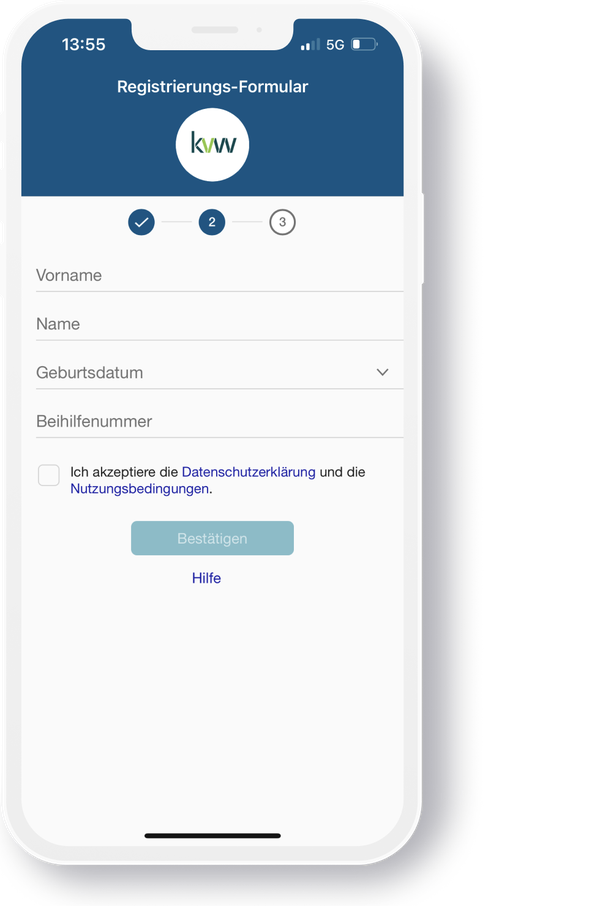 Bildschirm der App zur Registrierung eines neuen Benutzers