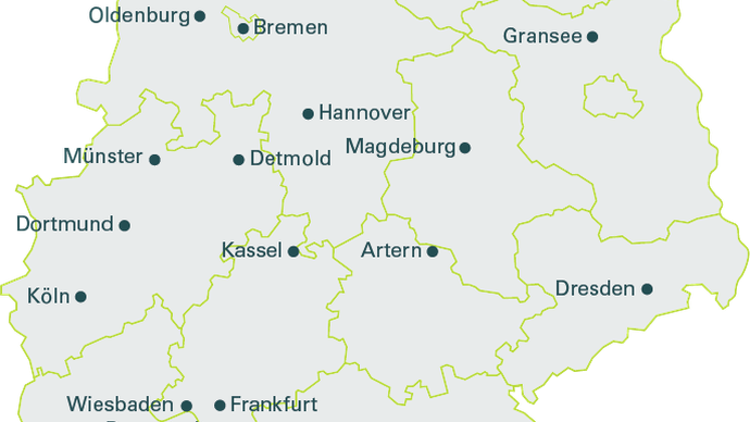Deutschlandkarte mit Standorten der AKA-Kassen