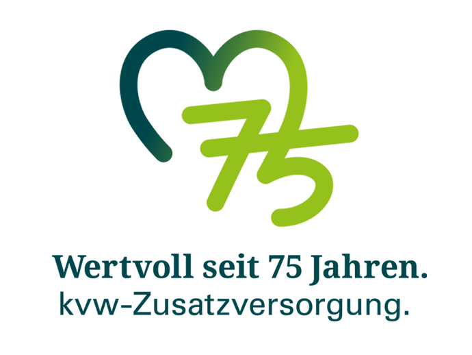 Eine Herzform mit Farbverlauf von dunkelgrün zu hellgrün, die in eine 75 übergeht. Darunter der Text Wertvoll seit 75 Jahren. kvw-Zusatzversorgung. (vergrößerte Bildansicht wird geöffnet)