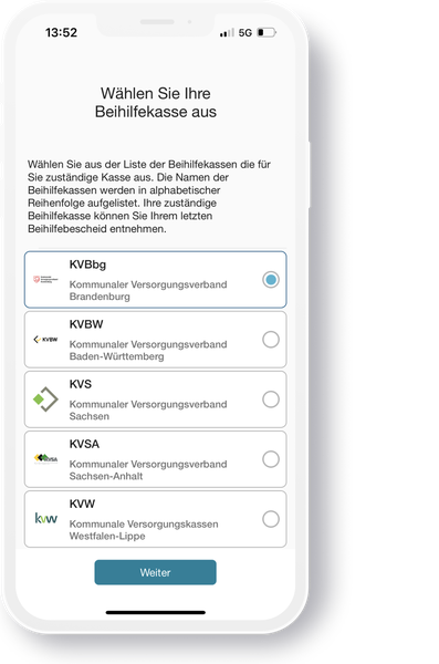 Bildschirm der App mit Auswahlmöglichkeiten der Beihilfekassen