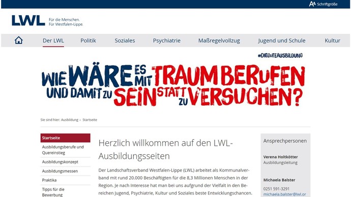 Screenshot der Homepages des Teams LWL-Ausbildung