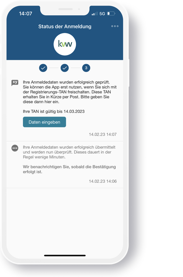 Bildschirm der App zeigt das Freischalten der App mittels TAN-Eingabe