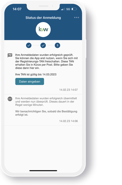 Bildschirm der App zeigt das Freischalten der App mittels TAN-Eingabe